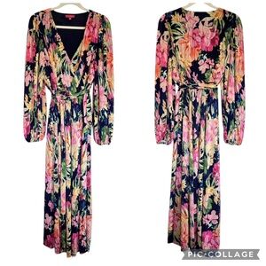 Flying Tomato Floral Pleated Maxi Dress Long Sleeve Navy Pink Size L